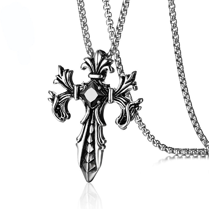 Wholesale Ruby Paved Pendant Double Dragon Cross Stainless Steel Necklaces